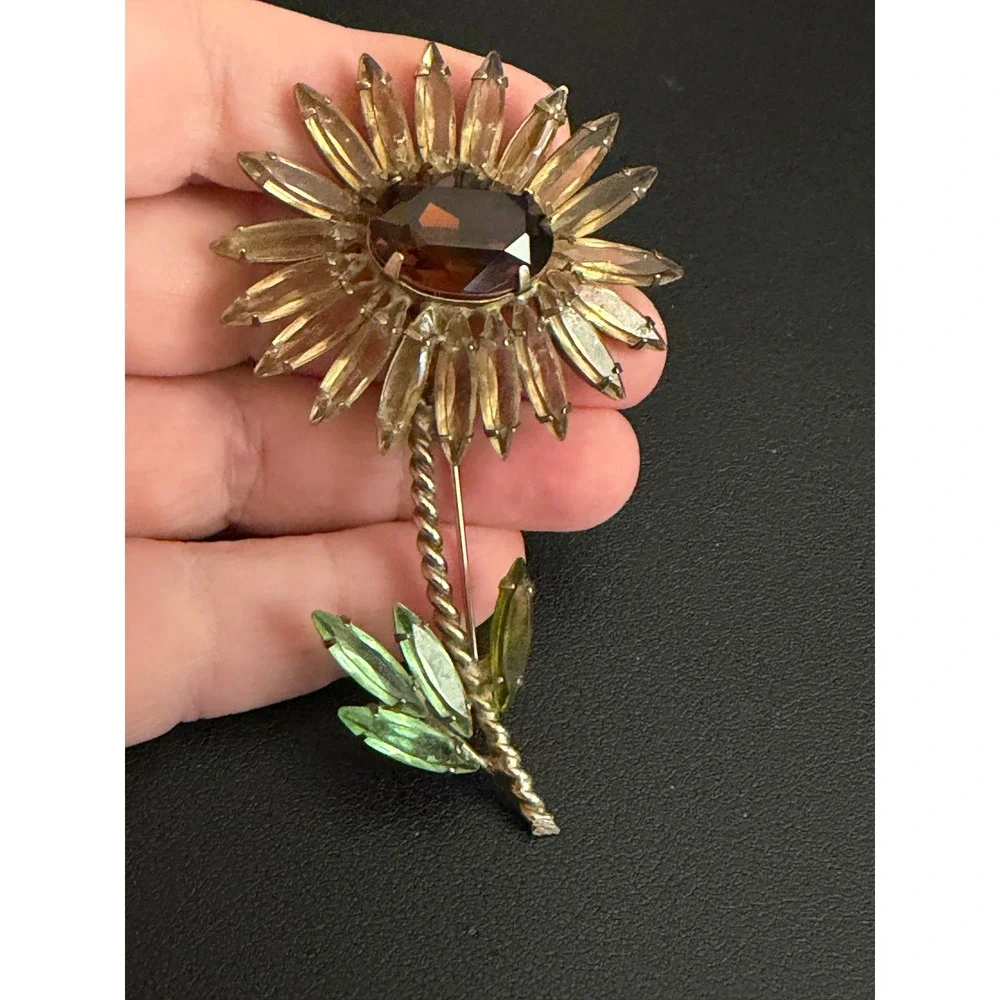 Vintage Rhinestone Brooch Floral Sunflower Daisy